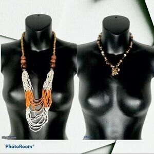 Bundle 2 Brown Wood Bead & Stone Necklaces Orange White Fashion Jewelry Pendant